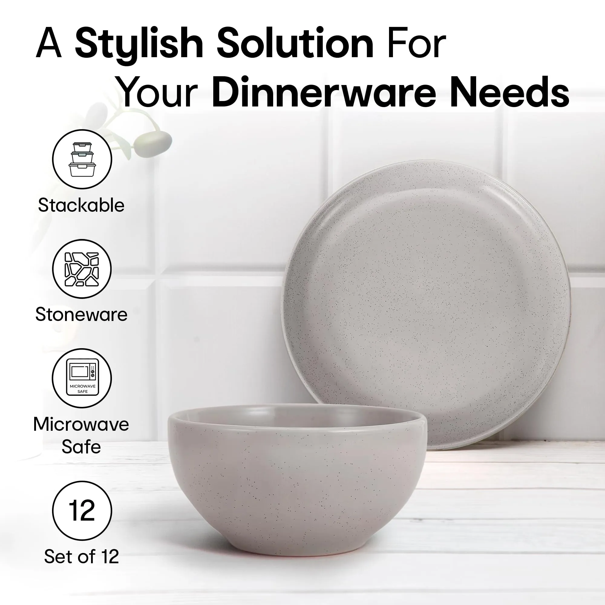 Anko Glazed Stoneware 12 pcs Dinner Set | Premium Crockery for Dining Table, Home, Restaurant, Gifting | Aesthetic Tableware Service Set for 6 | 6 Bowls (5.5"), 6 Side Plates (7"), Speckled White