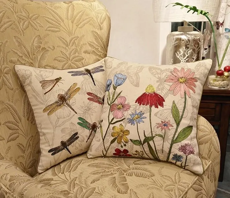 Dragonfly and Flower Cotton and linen Pillow Cover, Embroider Decorative Throw Pillow, Decorative Pillows for Car, Flower Decorative Pillows