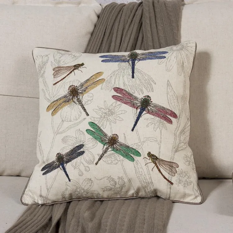 Dragonfly and Flower Cotton and linen Pillow Cover, Embroider Decorative Throw Pillow, Decorative Pillows for Car, Flower Decorative Pillows