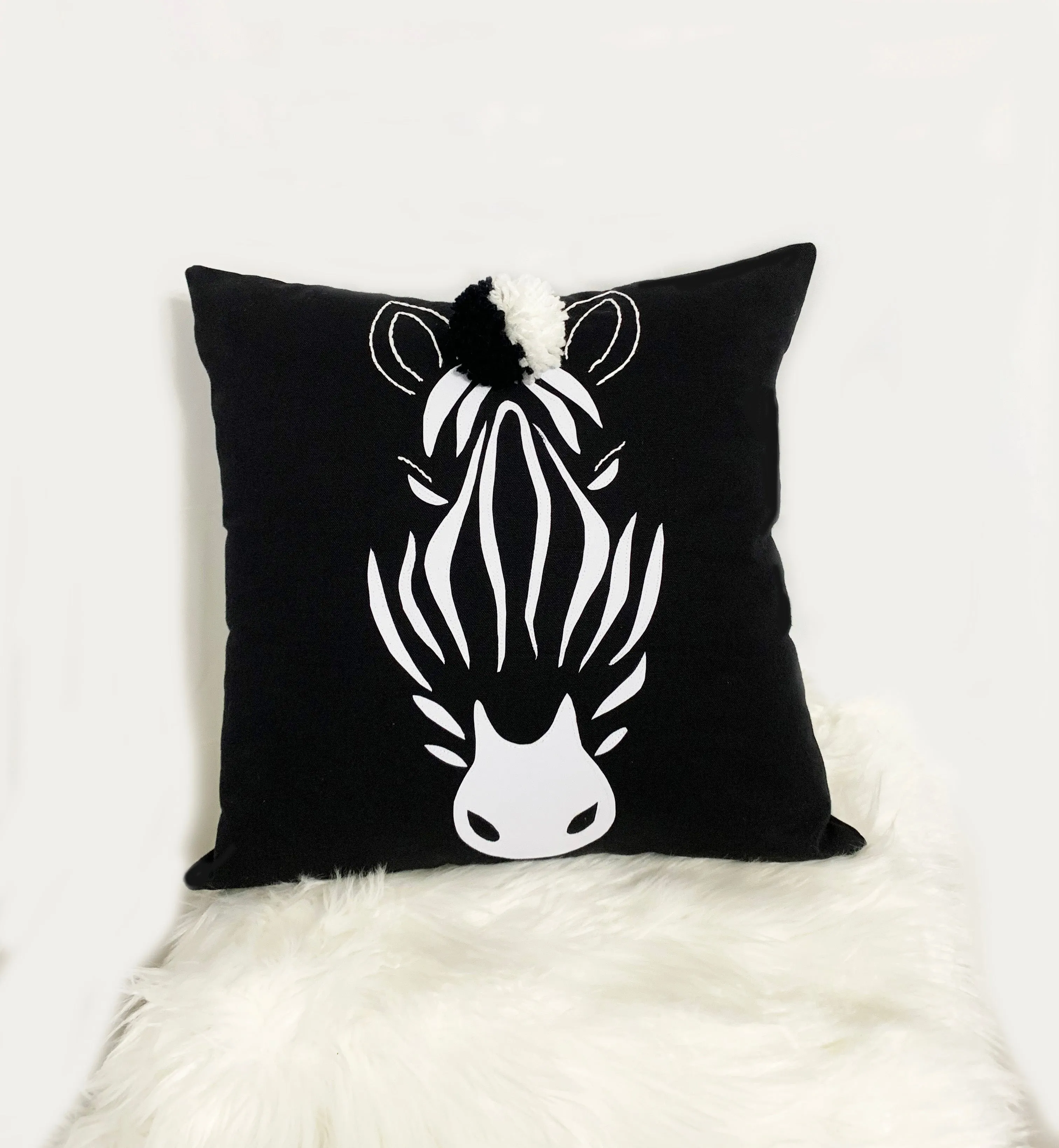 Handcrafted Embroidered with Applique Zebra Head Pillow Cover