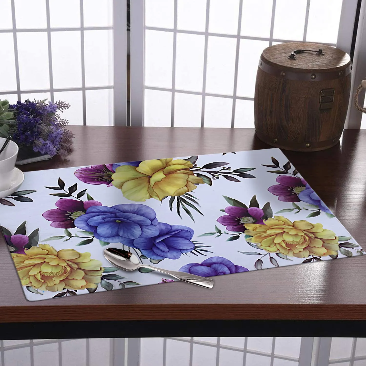 Heart Home Dining Table Mat | PVC 3D Yellow & Blue Flower Print | Table Mat | Placemats for Kitchen | Refrigerator Liners Mats | Shelf Liner Mat | Set of 6 | Multi