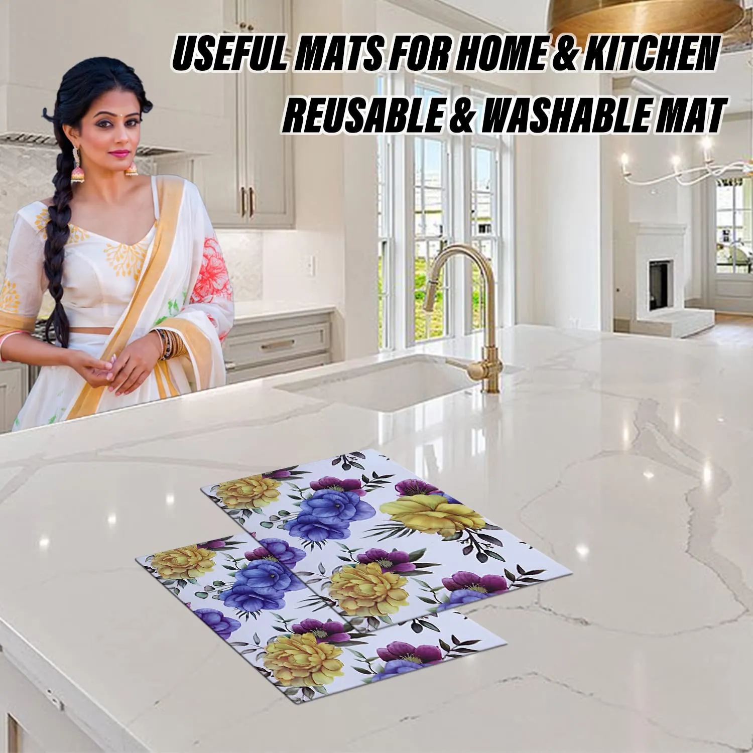 Heart Home Dining Table Mat | PVC 3D Yellow & Blue Flower Print | Table Mat | Placemats for Kitchen | Refrigerator Liners Mats | Shelf Liner Mat | Set of 6 | Multi