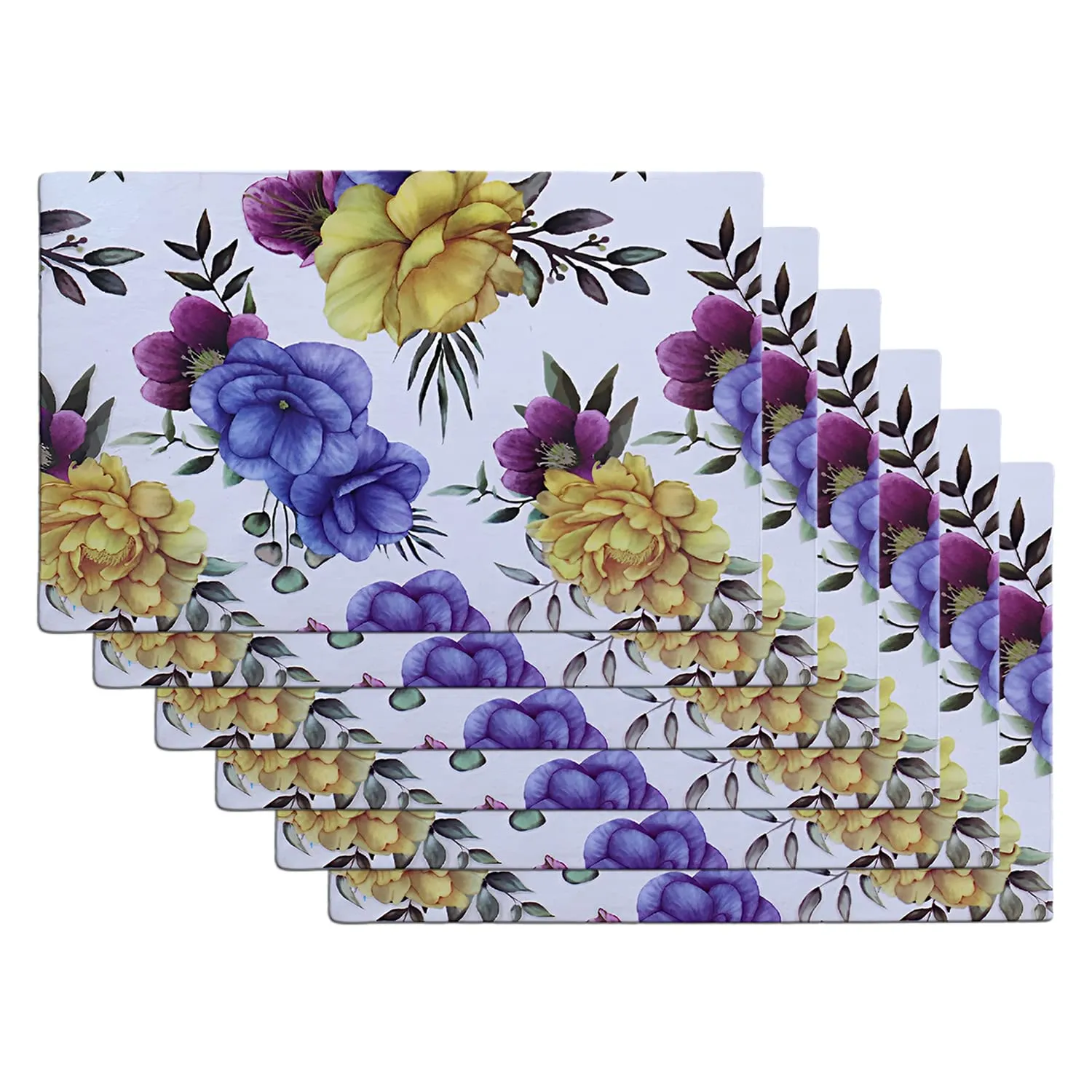 Heart Home Dining Table Mat | PVC 3D Yellow & Blue Flower Print | Table Mat | Placemats for Kitchen | Refrigerator Liners Mats | Shelf Liner Mat | Set of 6 | Multi