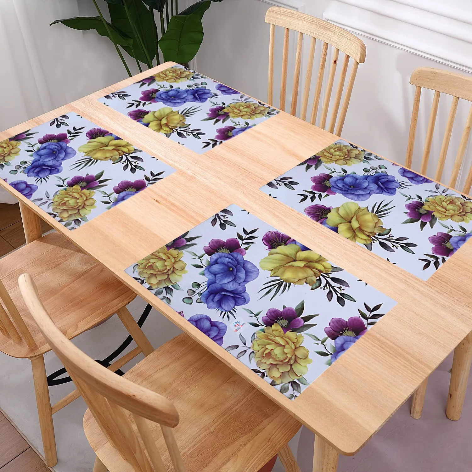 Heart Home Dining Table Mat | PVC 3D Yellow & Blue Flower Print | Table Mat | Placemats for Kitchen | Refrigerator Liners Mats | Shelf Liner Mat | Set of 6 | Multi