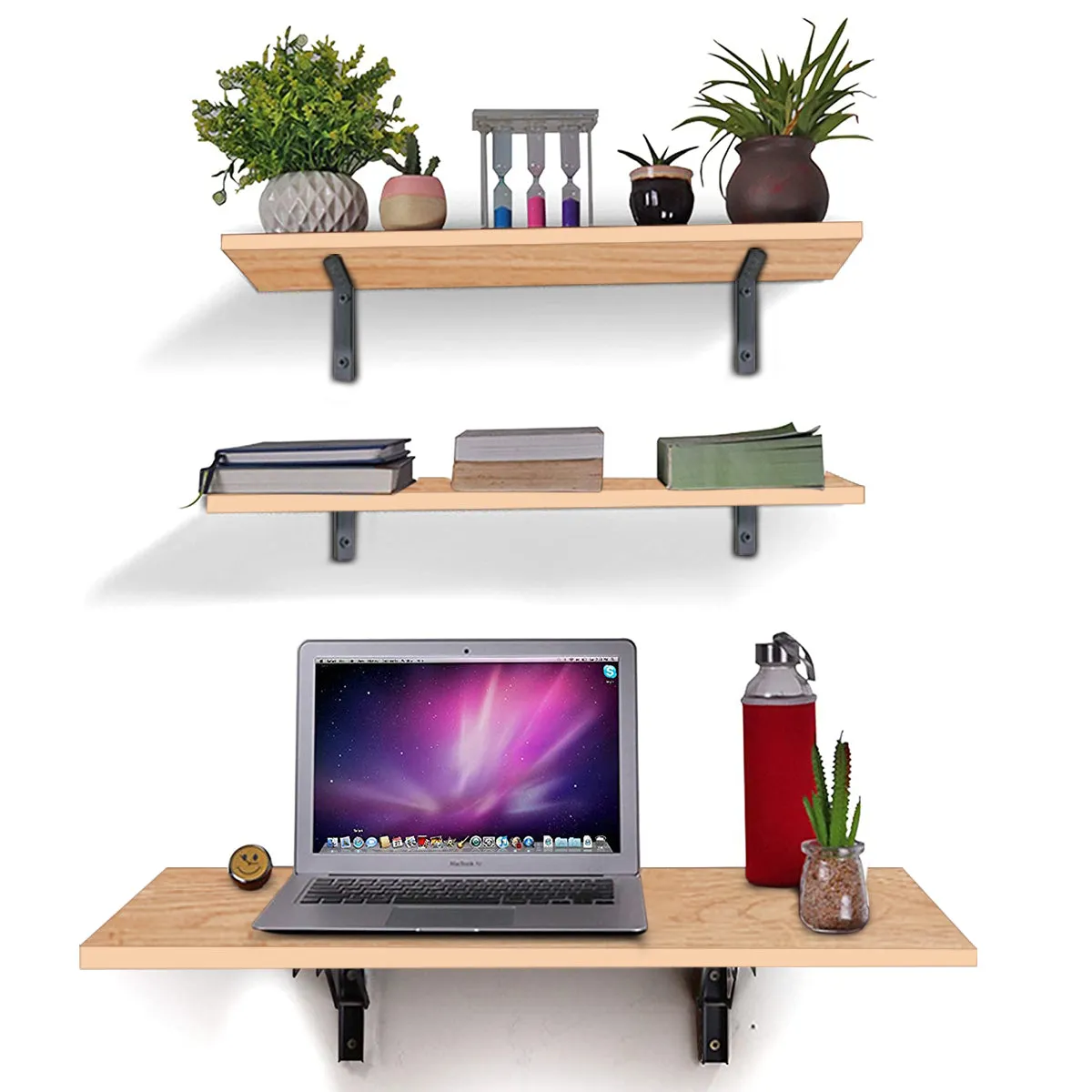 Kawachi Folding Wall Mount Laptop Study Table Desk Adjustable Floating Display 2 Shelf Stand Rack for Living Room Office with Two Shelves Beige