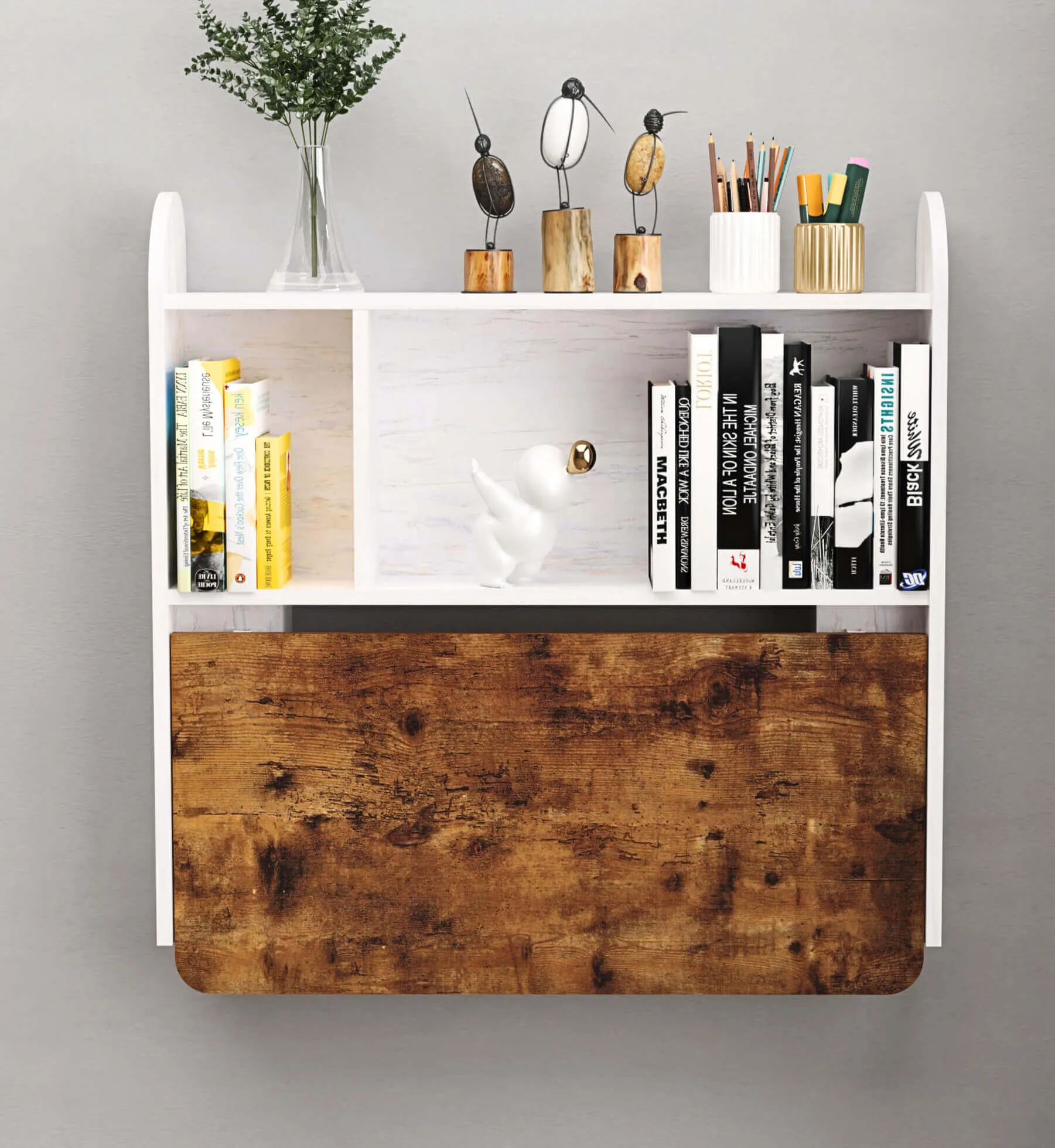 Rustic Brown Wood Wall Mounted Fold Down Desk with Storage Shelf, 33.07"W 31.7"H
