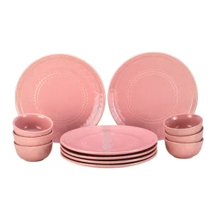 Stoneware Ceramic Dinner Set | 6 Dinner Plates & 6 Bowl Katori | Light Pink | Set of 12