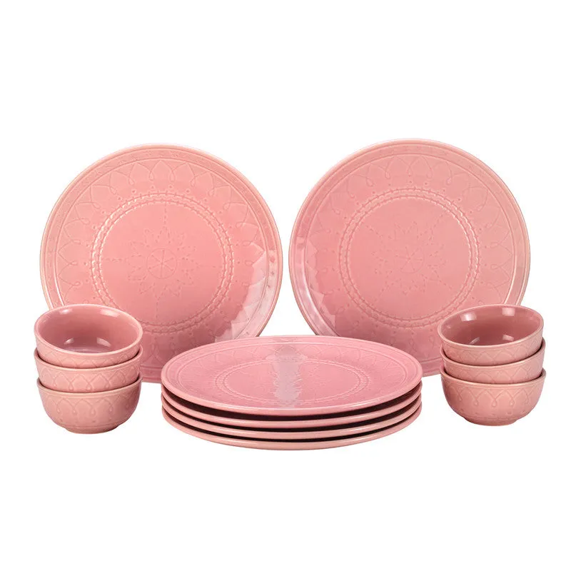 Stoneware Ceramic Dinner Set | 6 Dinner Plates & 6 Bowl Katori | Light Pink | Set of 12