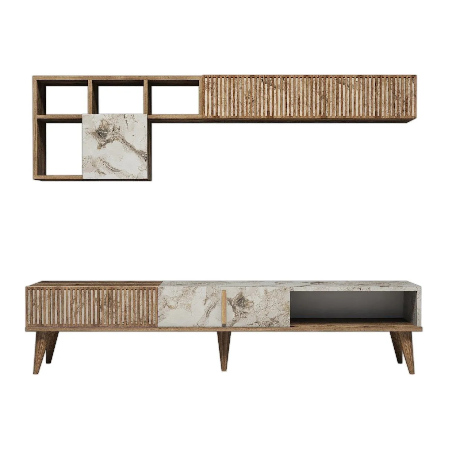 TV Unit Milan - Walnut, White Marble