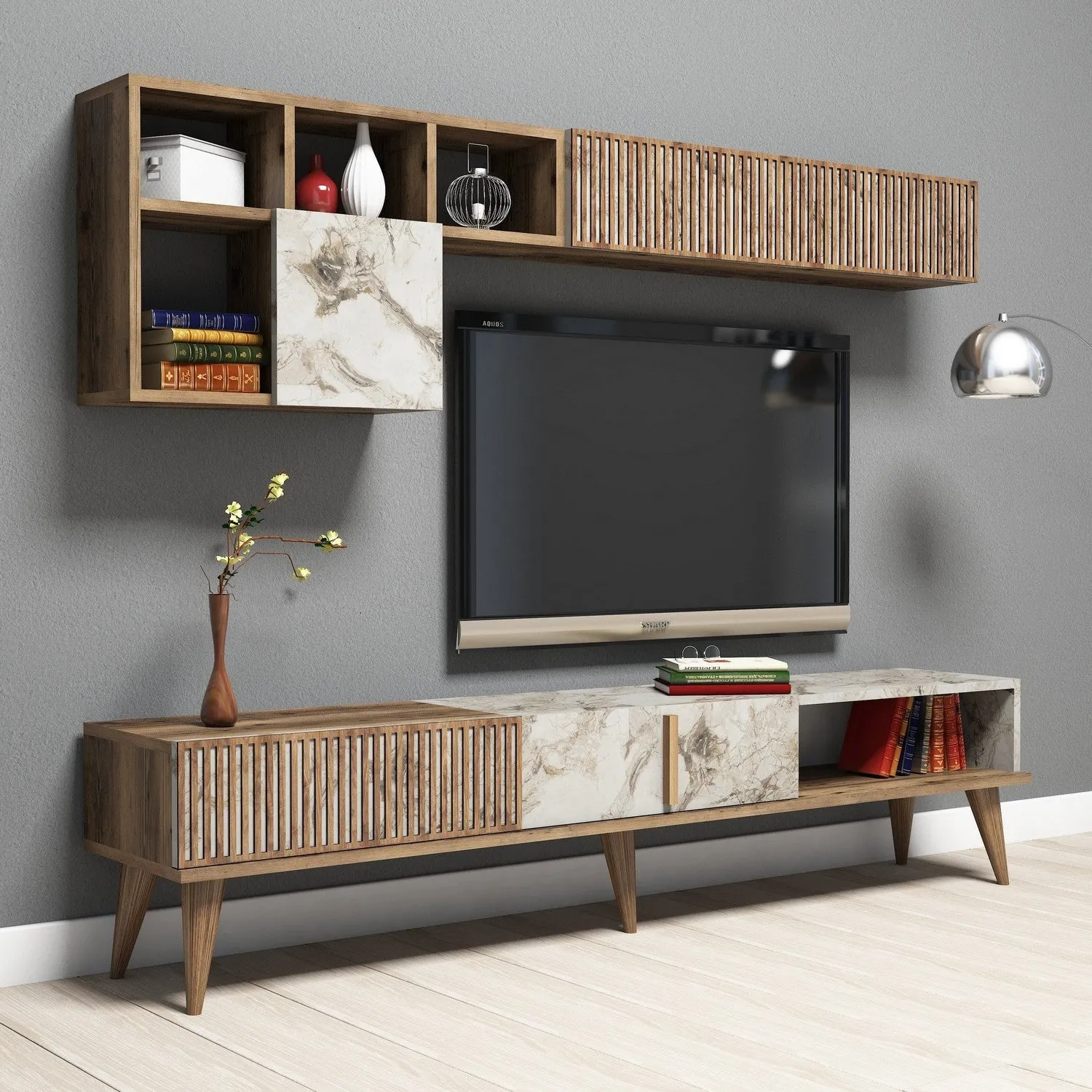 TV Unit Milan - Walnut, White Marble