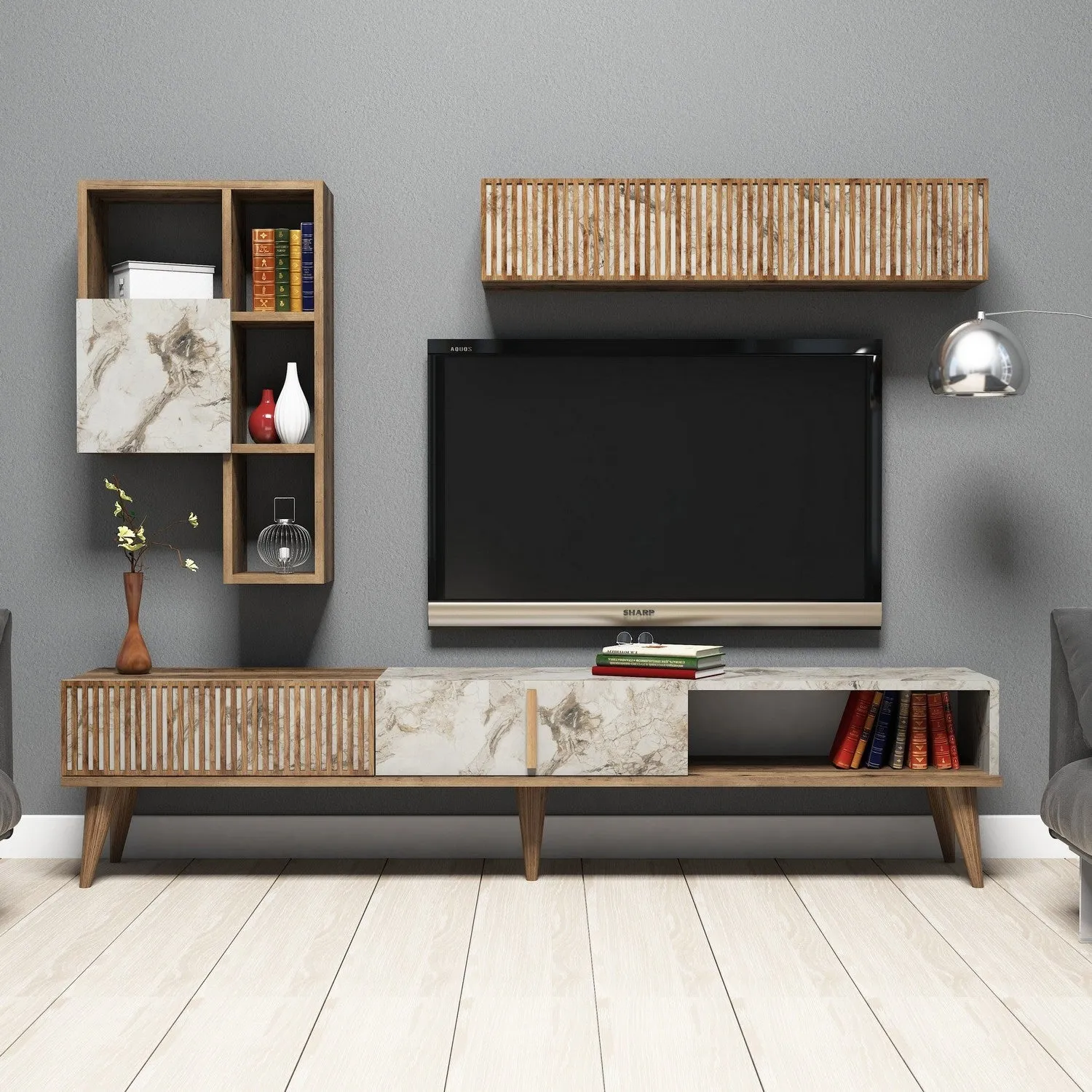 TV Unit Milan - Walnut, White Marble