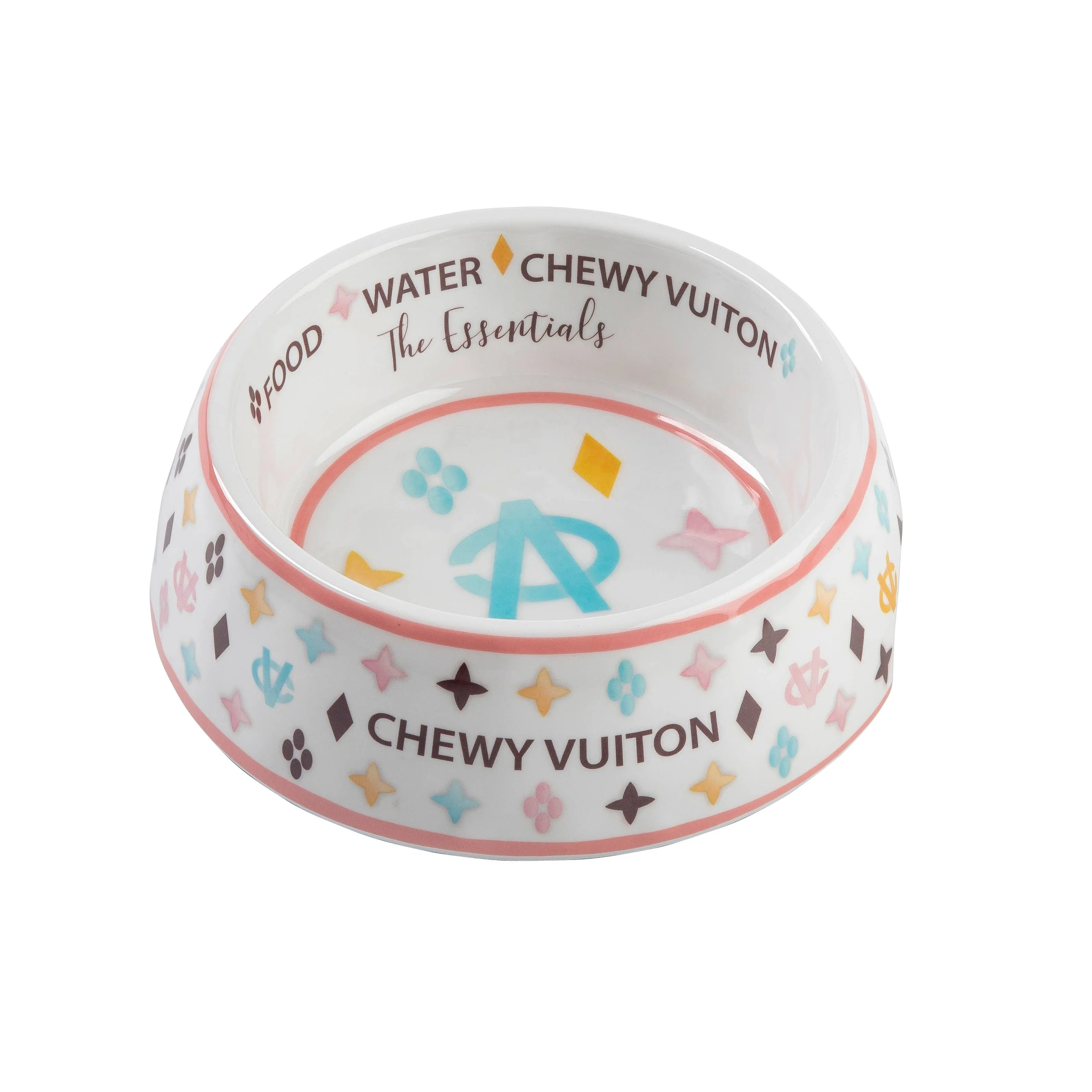 White Chewy Vuiton Dog Bowl